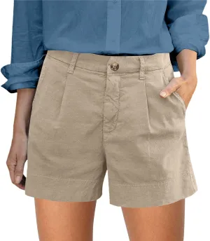Women's Summer Solid Color Linen Shorts with Button Fly Elastic Waist Pockets Casual Wear Womens Cargo Shorts for
