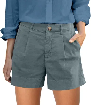 Women's Summer Solid Color Linen Shorts with Button Fly Elastic Waist Pockets Casual Wear Womens Cargo Shorts for