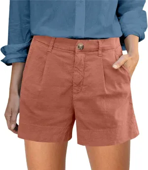 Women's Summer Solid Color Linen Shorts with Button Fly Elastic Waist Pockets Casual Wear Womens Cargo Shorts for