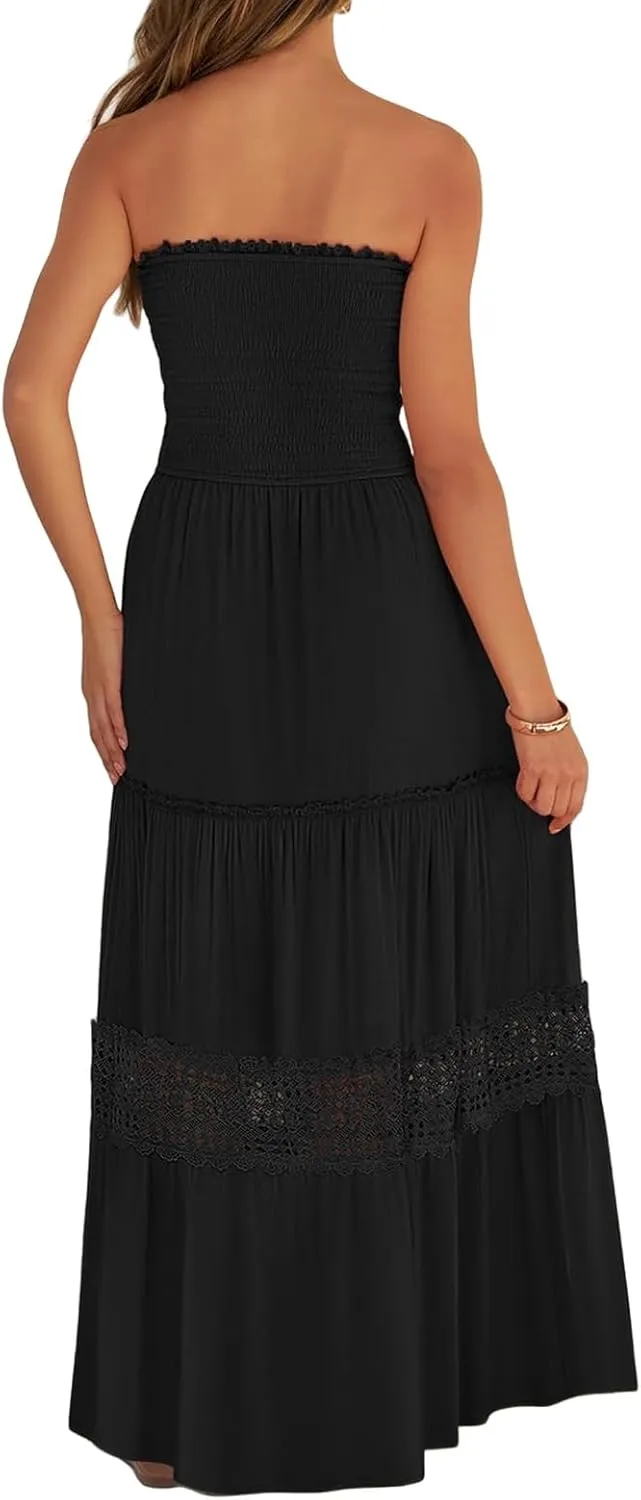 Womens Summer Strapless Dresses Bohemian Lace Trim Off Shoulder Backless Long Dress Flowy A Line Beach Maxi Dress
