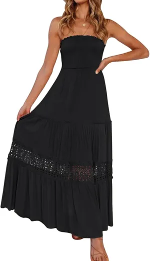 Womens Summer Strapless Dresses Bohemian Lace Trim Off Shoulder Backless Long Dress Flowy A Line Beach Maxi Dress