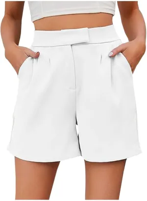 Womens Summer Suit Short Elastic High Waist Wide Leg Dressy Stretch Solid Color Lightweight Shorts with Pockets