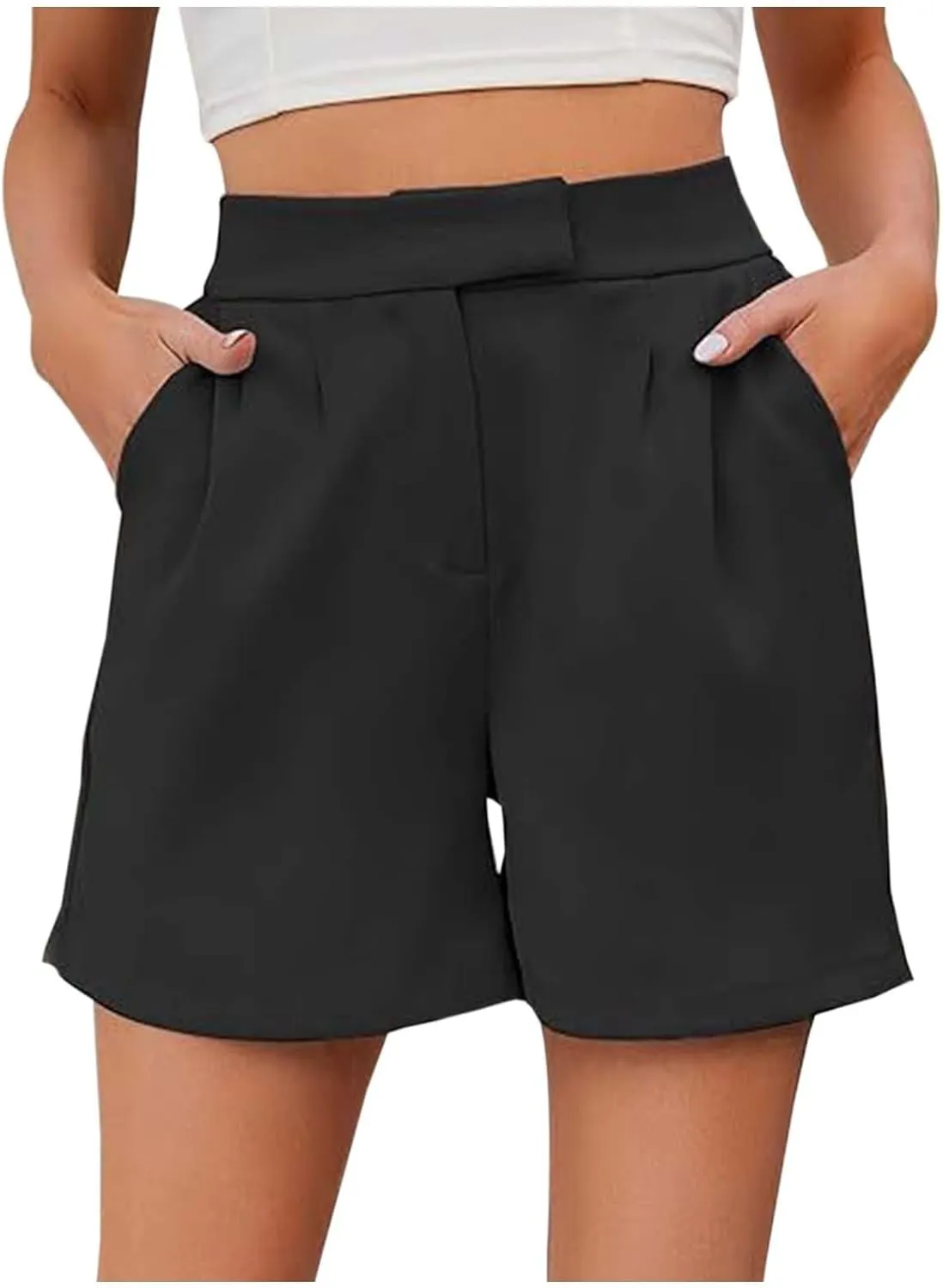 Womens Summer Suit Short Elastic High Waist Wide Leg Dressy Stretch Solid Color Lightweight Shorts with Pockets