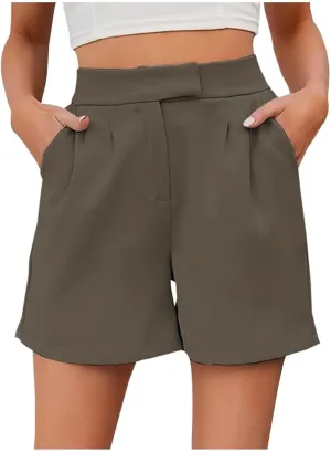 Womens Summer Suit Short Elastic High Waist Wide Leg Dressy Stretch Solid Color Lightweight Shorts with Pockets