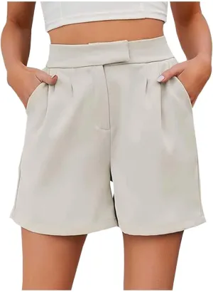 Womens Summer Suit Short Elastic High Waist Wide Leg Dressy Stretch Solid Color Lightweight Shorts with Pockets
