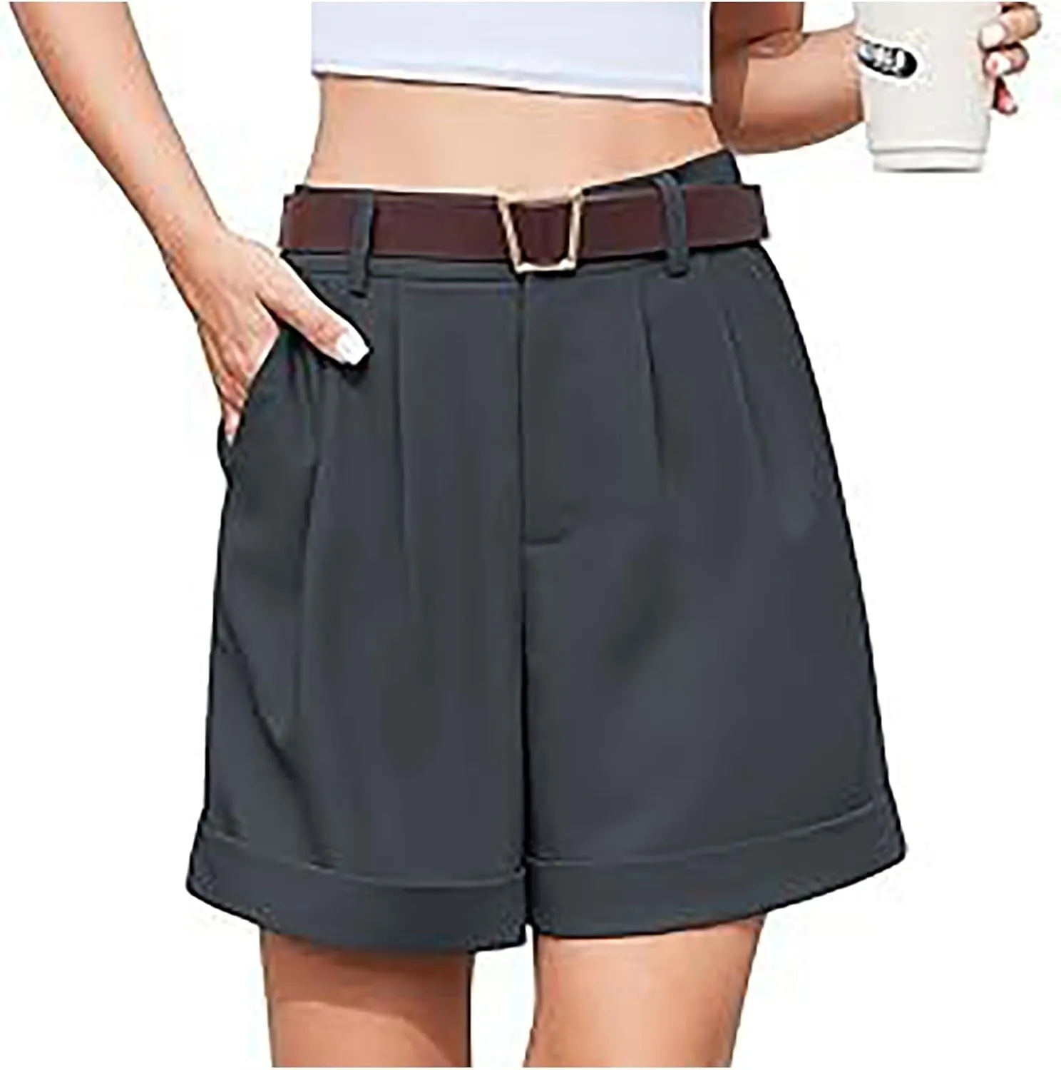 Womens Summer Suit Shorts Elastic High Waisted Wide Leg Office Work Casual Dressy Trendy Shorts with Pockets