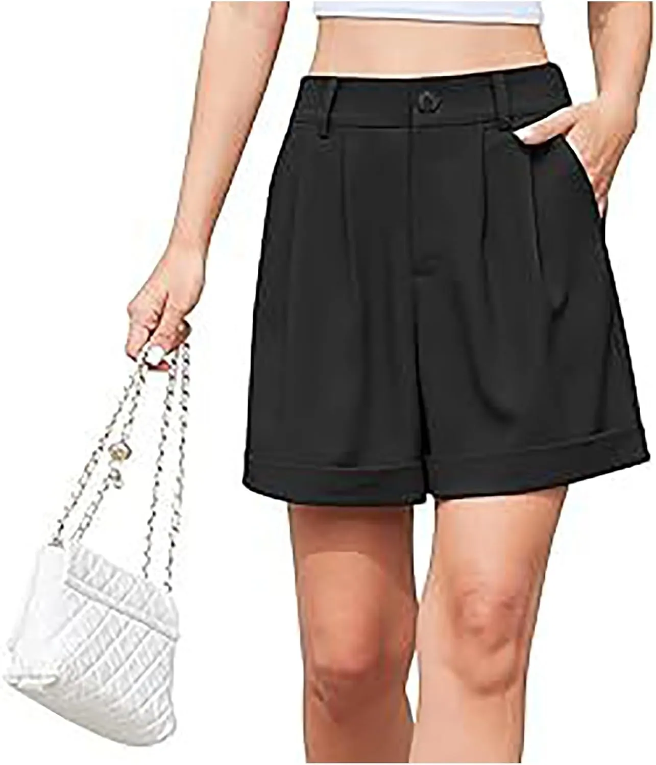 Womens Summer Suit Shorts Elastic High Waisted Wide Leg Office Work Casual Dressy Trendy Shorts with Pockets