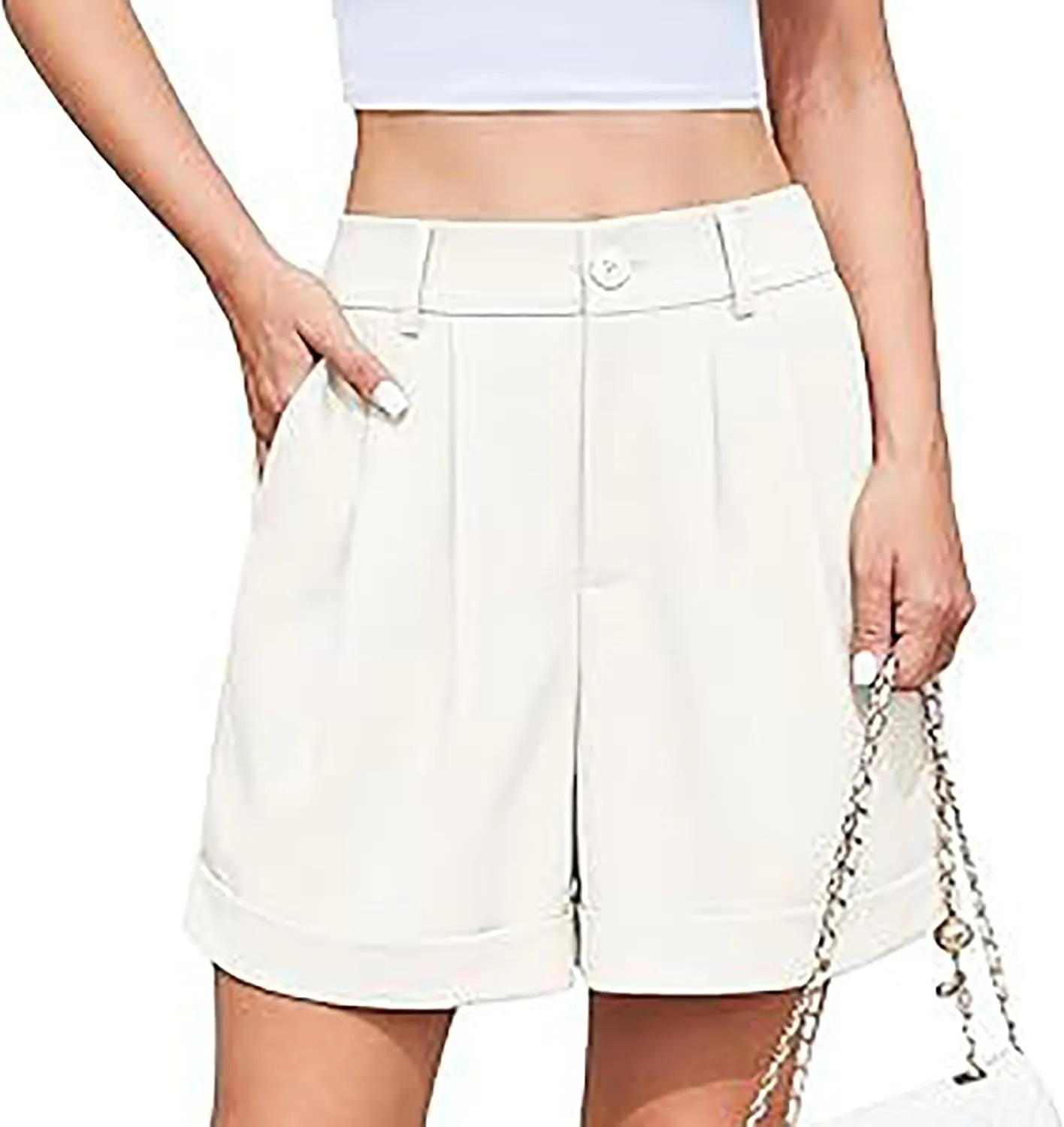 Womens Summer Suit Shorts Elastic High Waisted Wide Leg Office Work Casual Dressy Trendy Shorts with Pockets