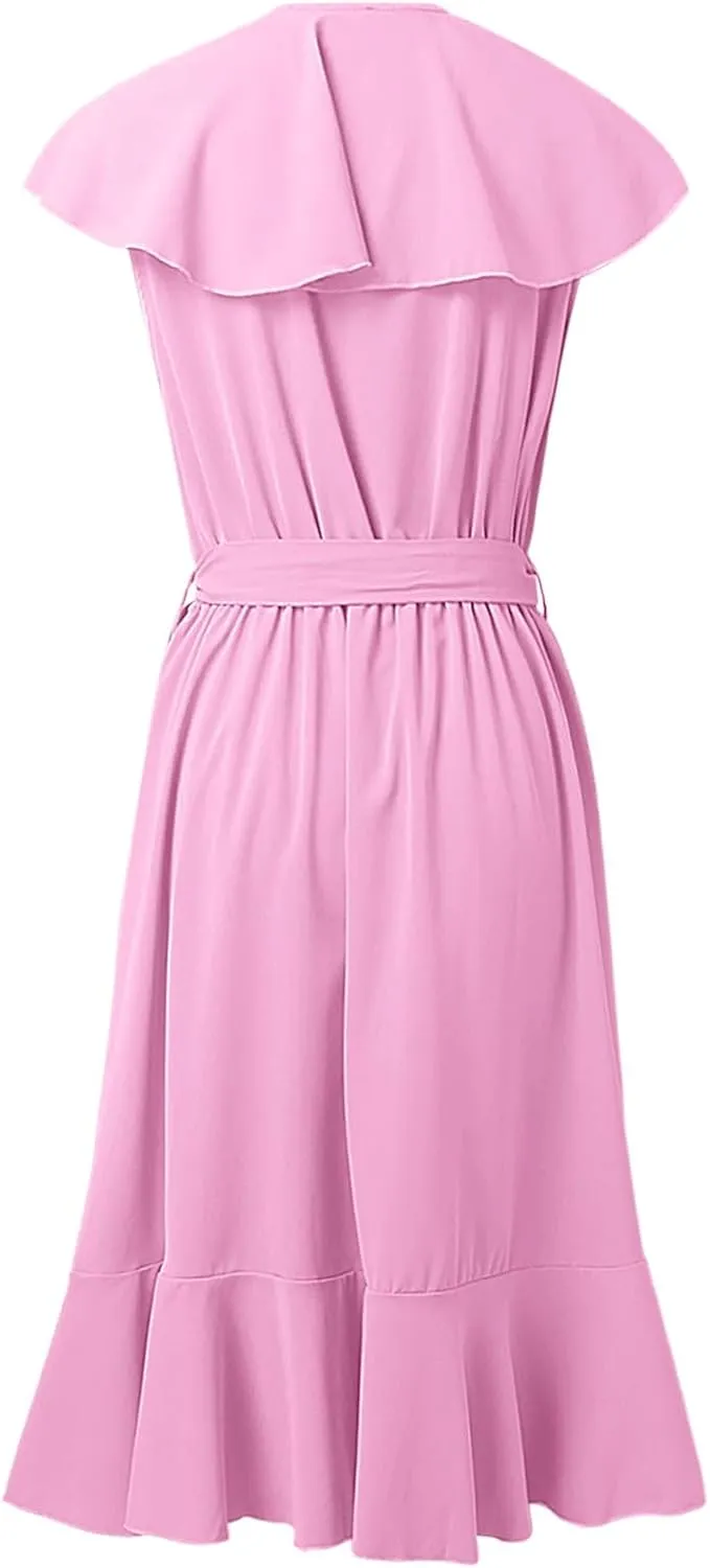 Womens Summer Wrap V Neck Split Party Dress Ruffle Short Sleeve Irregular Midi Dress with Belt