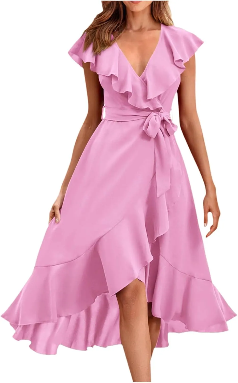 Womens Summer Wrap V Neck Split Party Dress Ruffle Short Sleeve Irregular Midi Dress with Belt