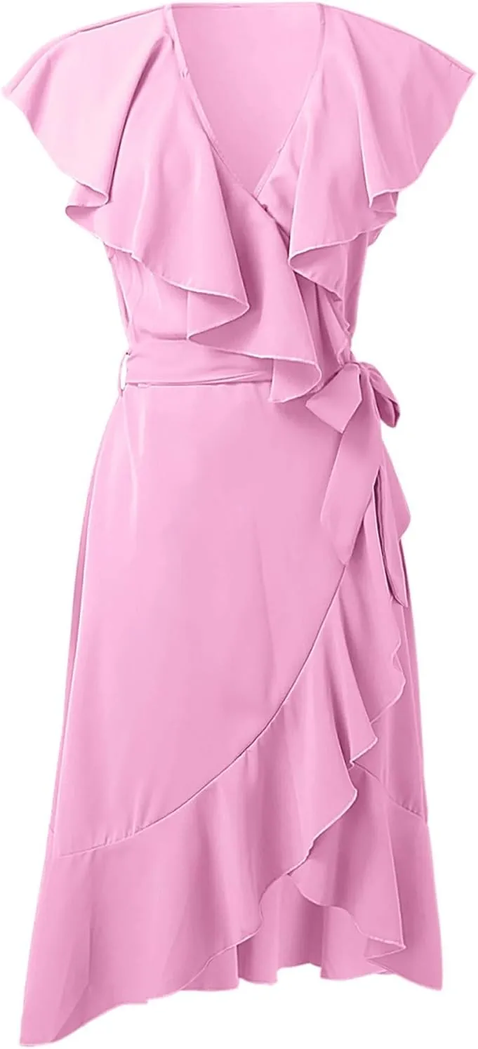 Womens Summer Wrap V Neck Split Party Dress Ruffle Short Sleeve Irregular Midi Dress with Belt