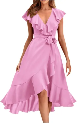 Womens Summer Wrap V Neck Split Party Dress Ruffle Short Sleeve Irregular Midi Dress with Belt