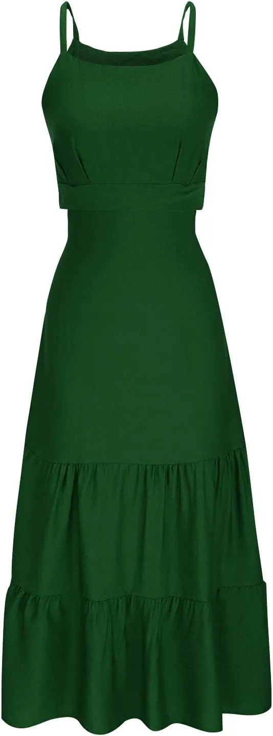 Womens Sundresses Sexy Hollow Waist A-Line Flowy Midi Dress Beach Vacation Summer Sleeveless Suspender Dresses