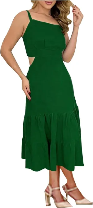 Womens Sundresses Sexy Hollow Waist A-Line Flowy Midi Dress Beach Vacation Summer Sleeveless Suspender Dresses