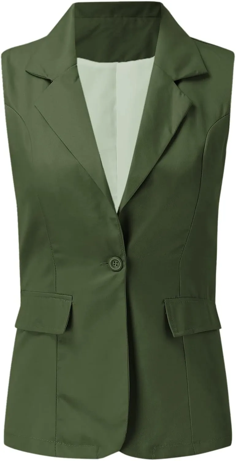 Womens Temperament Button Vest Cardigan Sleeveless Open Front Blazer Casual Lightweight Pocket Jacket Daily Work Suits