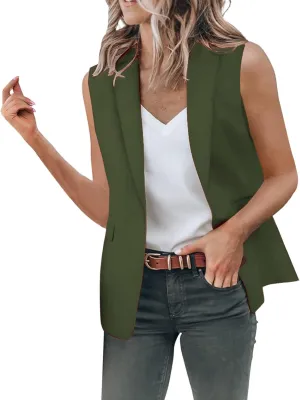 Womens Temperament Button Vest Cardigan Sleeveless Open Front Blazer Casual Lightweight Pocket Jacket Daily Work Suits
