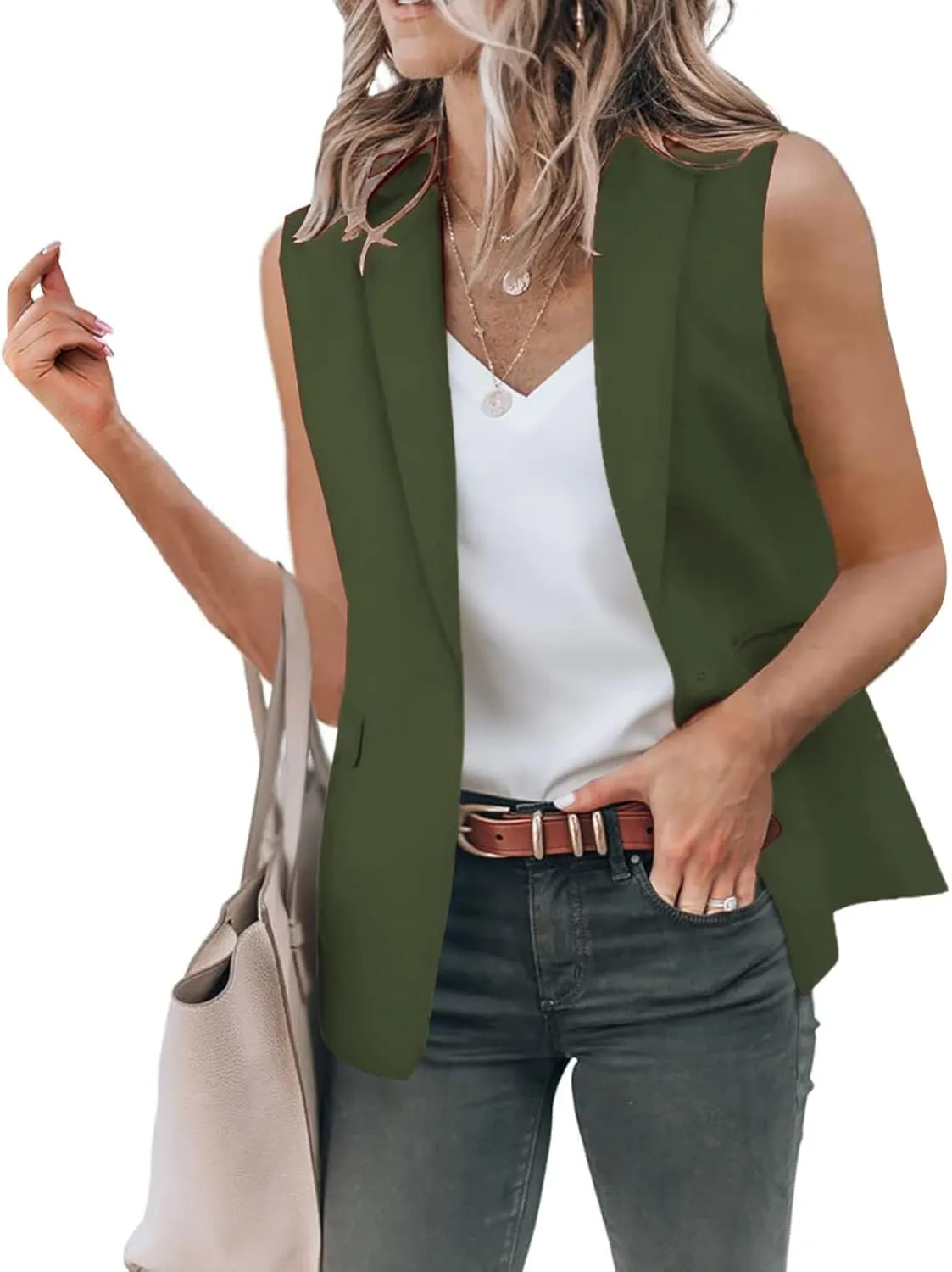 Womens Temperament Button Vest Cardigan Sleeveless Open Front Blazer Casual Lightweight Pocket Jacket Daily Work Suits