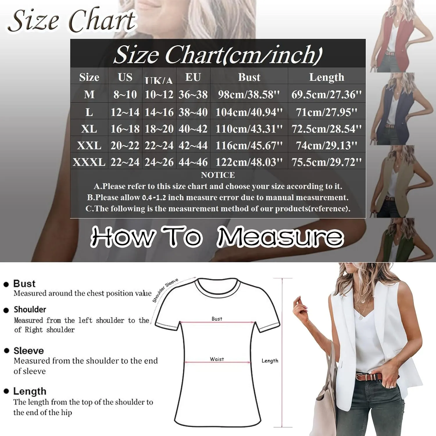 Womens Temperament Button Vest Cardigan Sleeveless Open Front Blazer Casual Lightweight Pocket Jacket Daily Work Suits