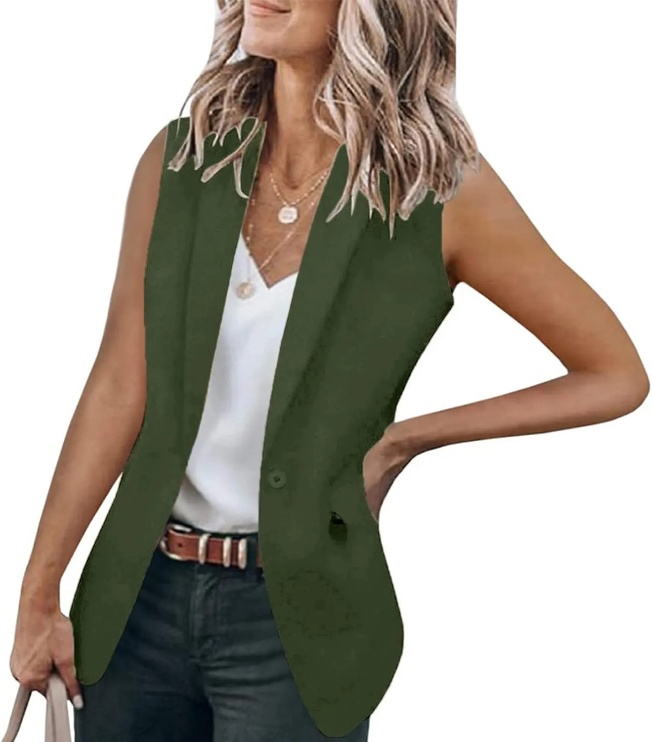 Womens Temperament Button Vest Cardigan Sleeveless Open Front Blazer Casual Lightweight Pocket Jacket Daily Work Suits