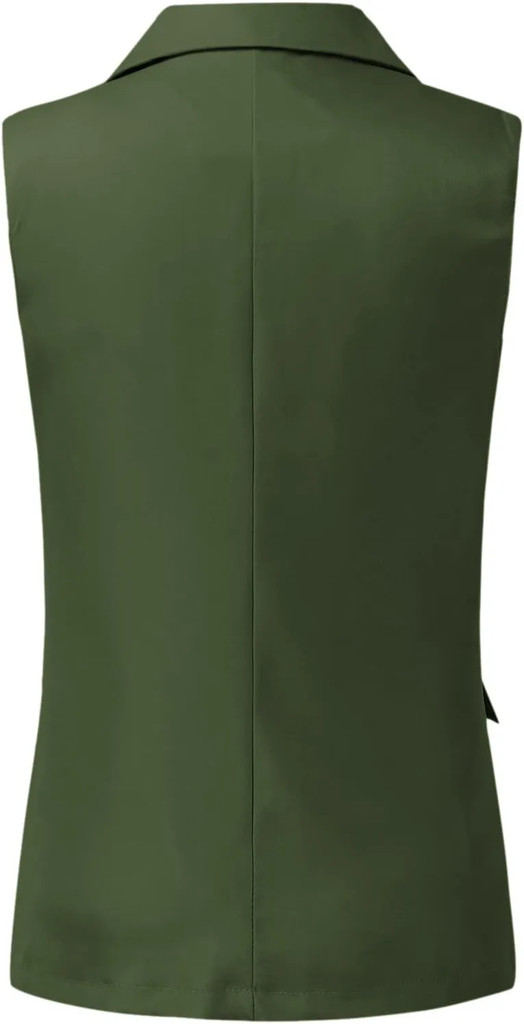 Womens Temperament Button Vest Cardigan Sleeveless Open Front Blazer Casual Lightweight Pocket Jacket Daily Work Suits