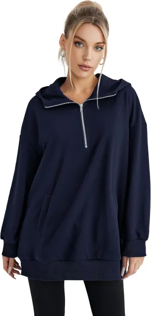Women's Thin Tunic Hoodies Long Sleeve Zip Up Sweatshirts Pullover Blouse Tops