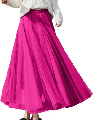 Womens Tulle Maxi Skirts Summer Party Solid Beach Elastic High Waist Pleated A-Line Flowy Swing Long Maxi Skirt