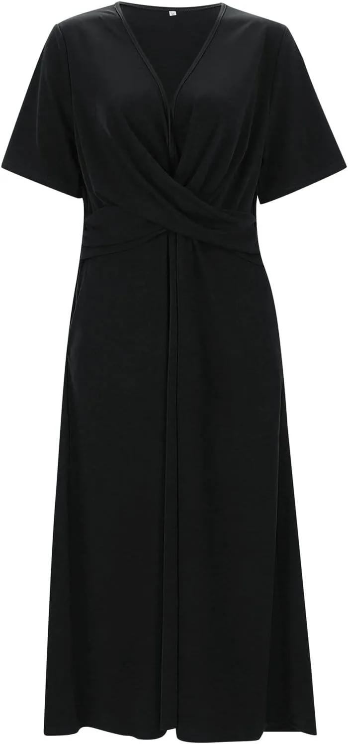 Women's V Neck Short Flared Sleeve Wedding Guest Dress Smocked Elastic Waist Tiered Belted Ruffle Hem Dress