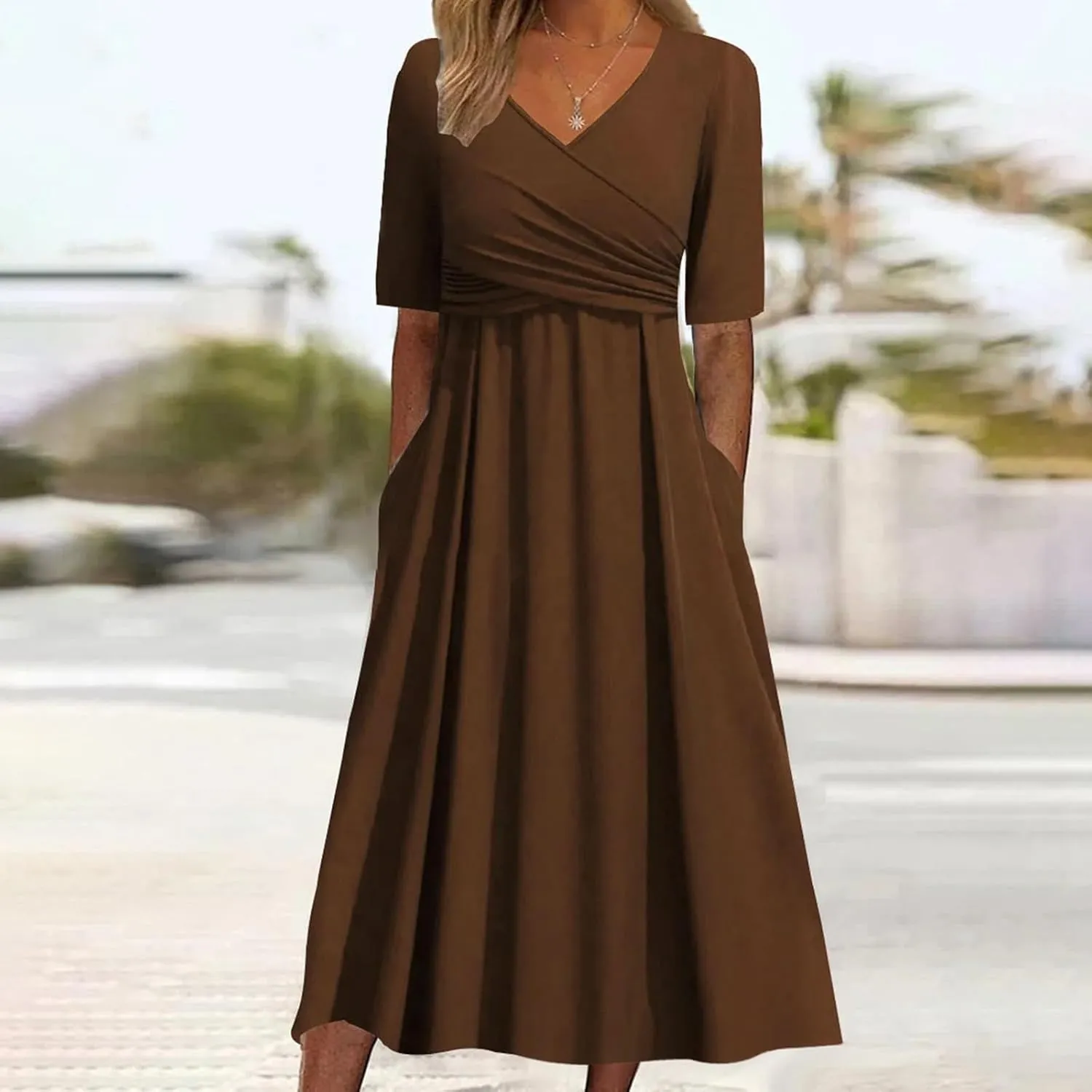 Women's V Neck Short Flared Sleeve Wedding Guest Dress Smocked Elastic Waist Tiered Belted Ruffle Hem Dress