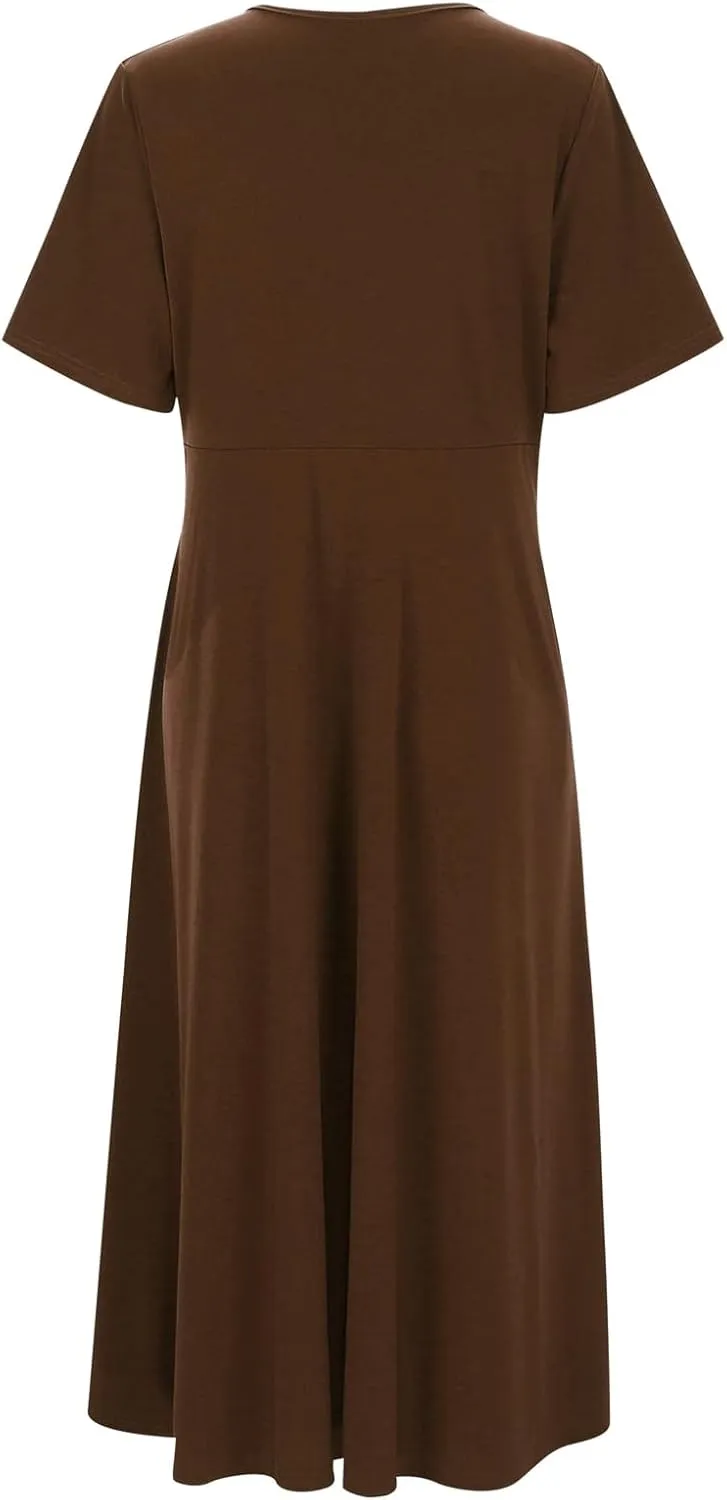 Women's V Neck Short Flared Sleeve Wedding Guest Dress Smocked Elastic Waist Tiered Belted Ruffle Hem Dress