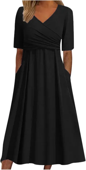 Women's V Neck Short Flared Sleeve Wedding Guest Dress Smocked Elastic Waist Tiered Belted Ruffle Hem Dress