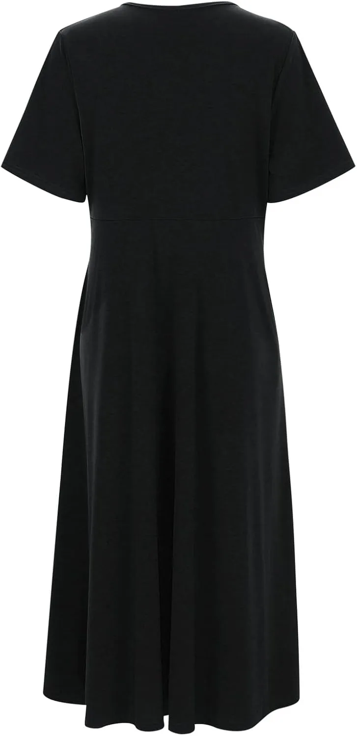 Women's V Neck Short Flared Sleeve Wedding Guest Dress Smocked Elastic Waist Tiered Belted Ruffle Hem Dress