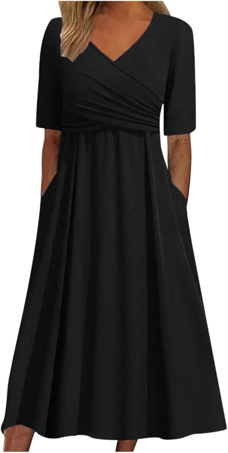 Women's V Neck Short Flared Sleeve Wedding Guest Dress Smocked Elastic Waist Tiered Belted Ruffle Hem Dress