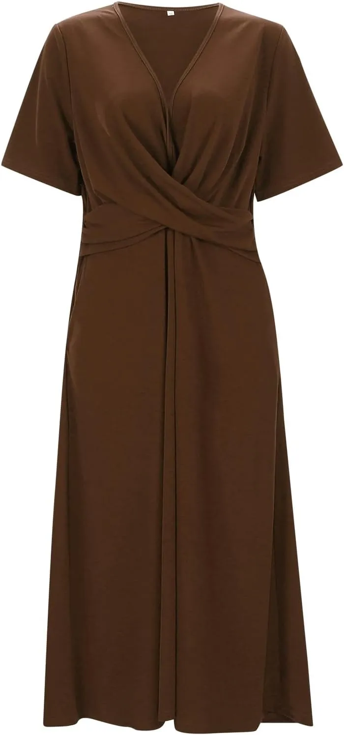Women's V Neck Short Flared Sleeve Wedding Guest Dress Smocked Elastic Waist Tiered Belted Ruffle Hem Dress