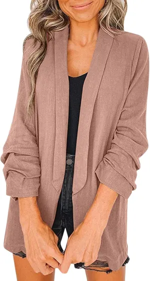 Womens Vintage Solid Length Cardigans Long Sleeve Lapel Blazers Casual Loose Oversized Jackets Work Business Clothes