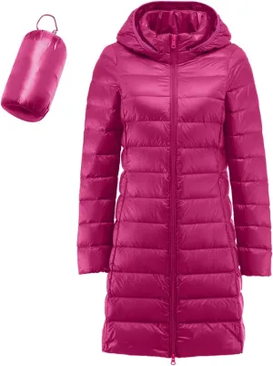 Womens Winter Casual Solid Length Quilted Puffer Coat Long Sleeve Removable Hood Down Coat Warm Fitted Soft Overcoat