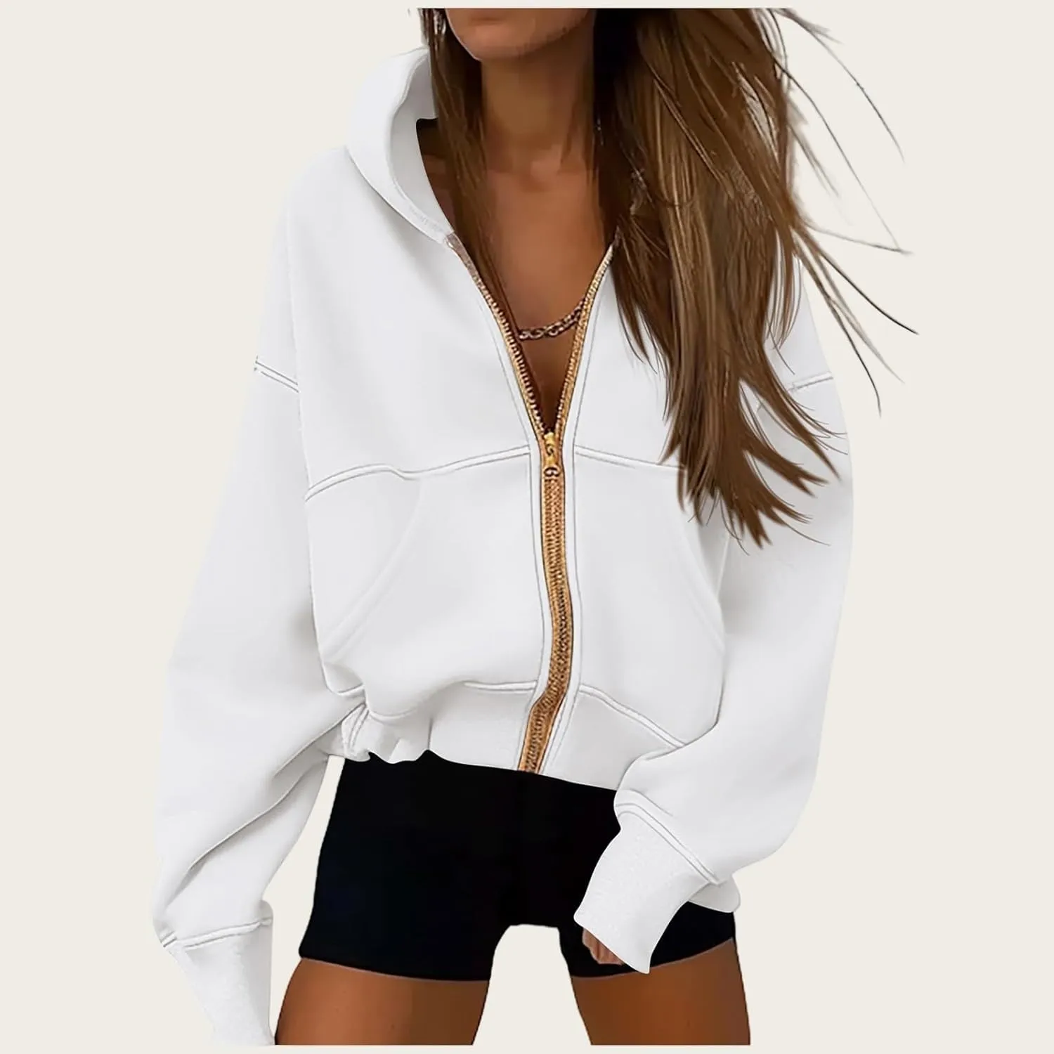 Womens Zip Up Hoodies Jacket Cropped Long Sleeve Hooded Sweatshirt Casual Comfy Coat Winter Clothes 2024