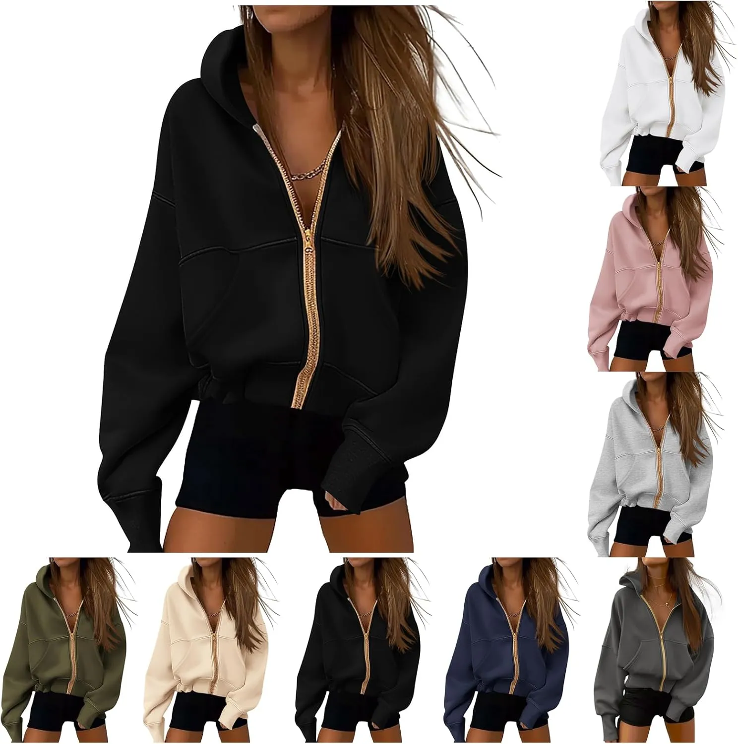 Womens Zip Up Hoodies Jacket Cropped Long Sleeve Hooded Sweatshirt Casual Comfy Coat Winter Clothes 2024
