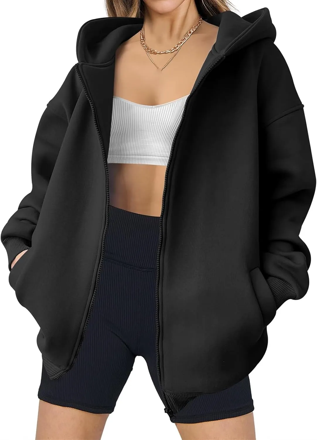 Womens Zip Up Hoodies Oversized Casual Long Sleeve Jackets Soild Color Jacket Fall Hoodie with Pockets