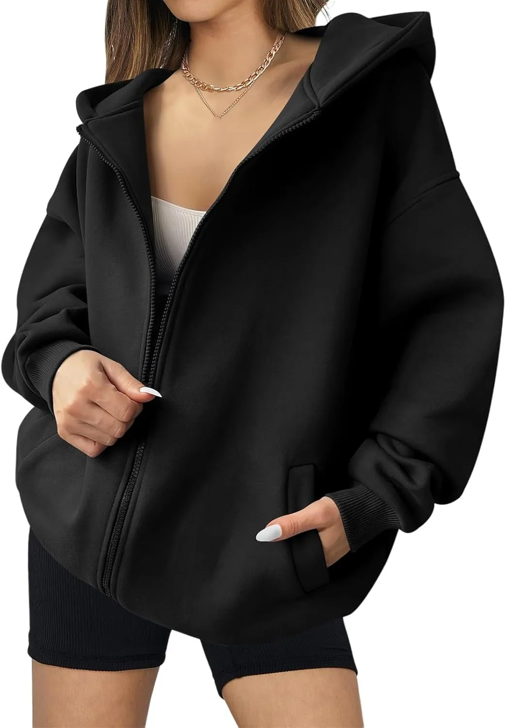 Womens Zip Up Hoodies Oversized Casual Long Sleeve Jackets Soild Color Jacket Fall Hoodie with Pockets