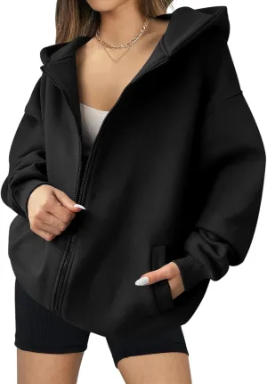 Womens Zip Up Hoodies Oversized Casual Long Sleeve Jackets Soild Color Jacket Fall Hoodie with Pockets