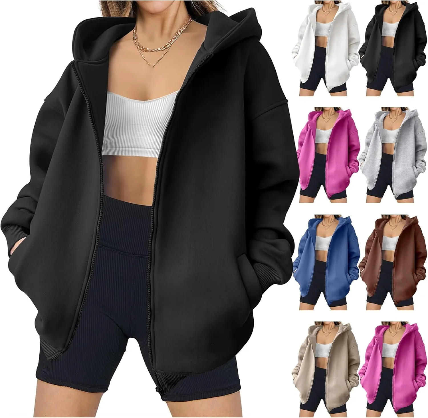 Womens Zip Up Hoodies Oversized Casual Long Sleeve Jackets Soild Color Jacket Fall Hoodie with Pockets