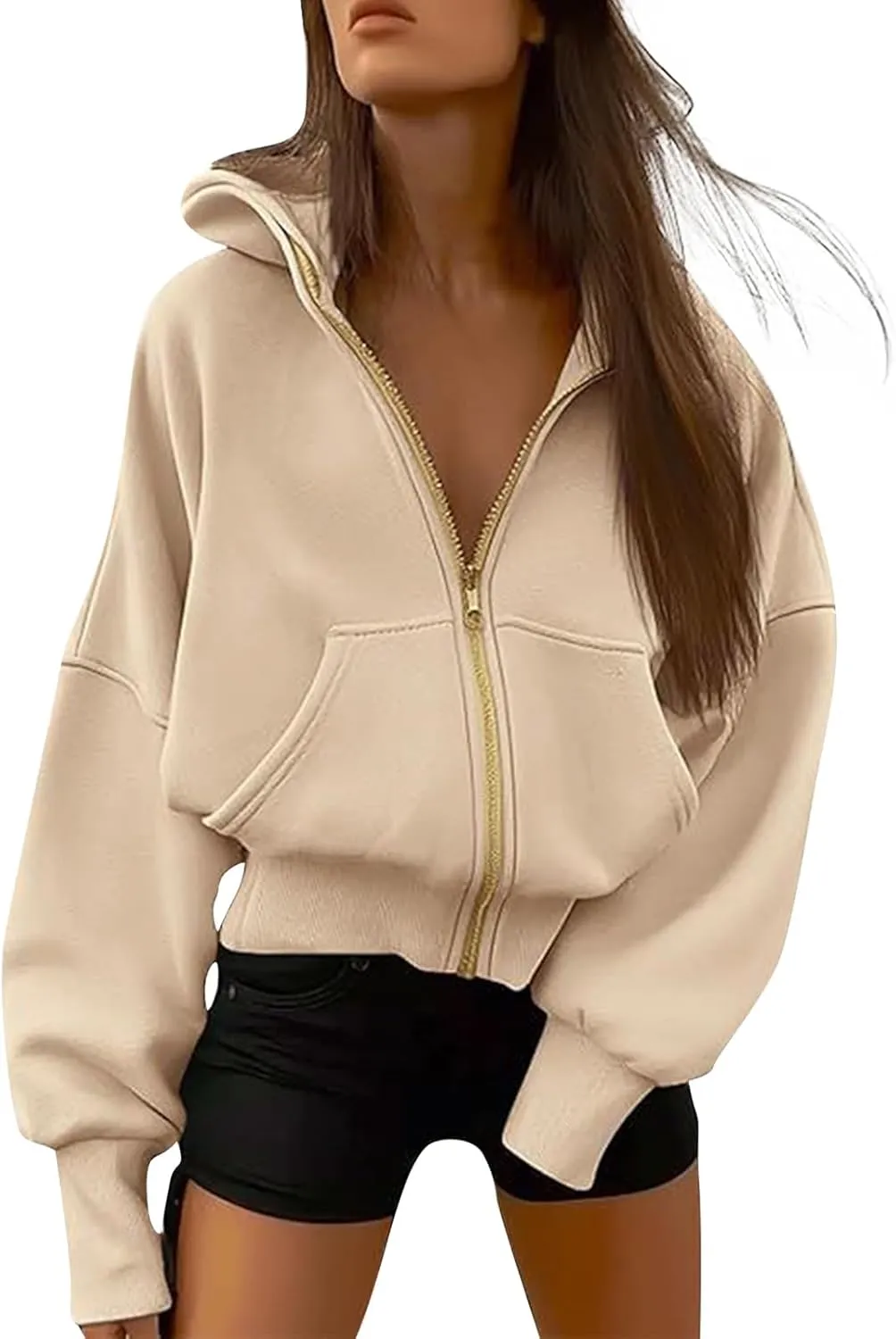 Womens Zip Up Hoodies Y2k Oversized Cropped Sweatshirt Fall Fleece Jackets Casual Comfy Cute Trendy Teen Hoodies