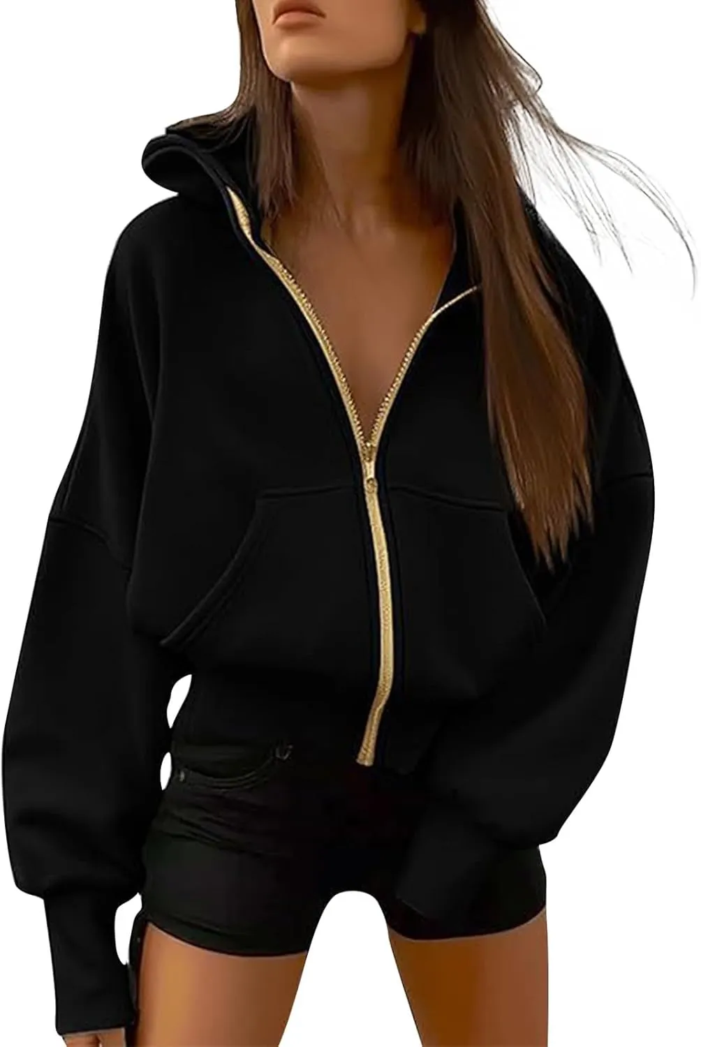Womens Zip Up Hoodies Y2k Oversized Cropped Sweatshirt Fall Fleece Jackets Casual Comfy Cute Trendy Teen Hoodies