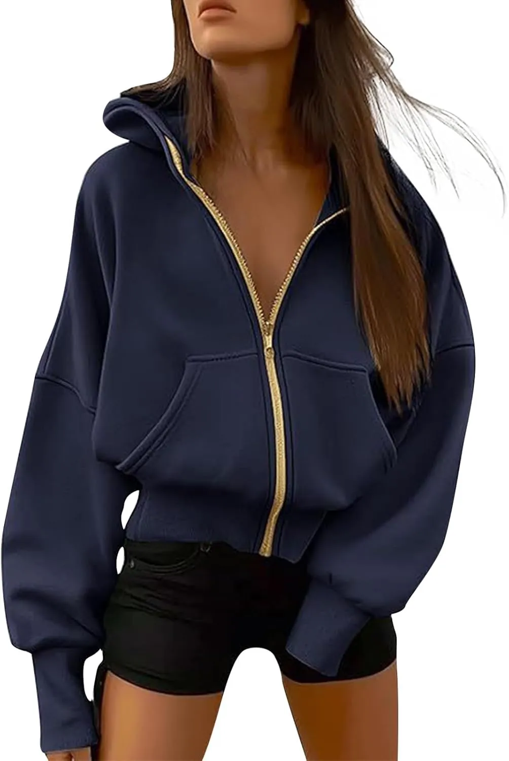 Womens Zip Up Hoodies Y2k Oversized Cropped Sweatshirt Fall Fleece Jackets Casual Comfy Cute Trendy Teen Hoodies