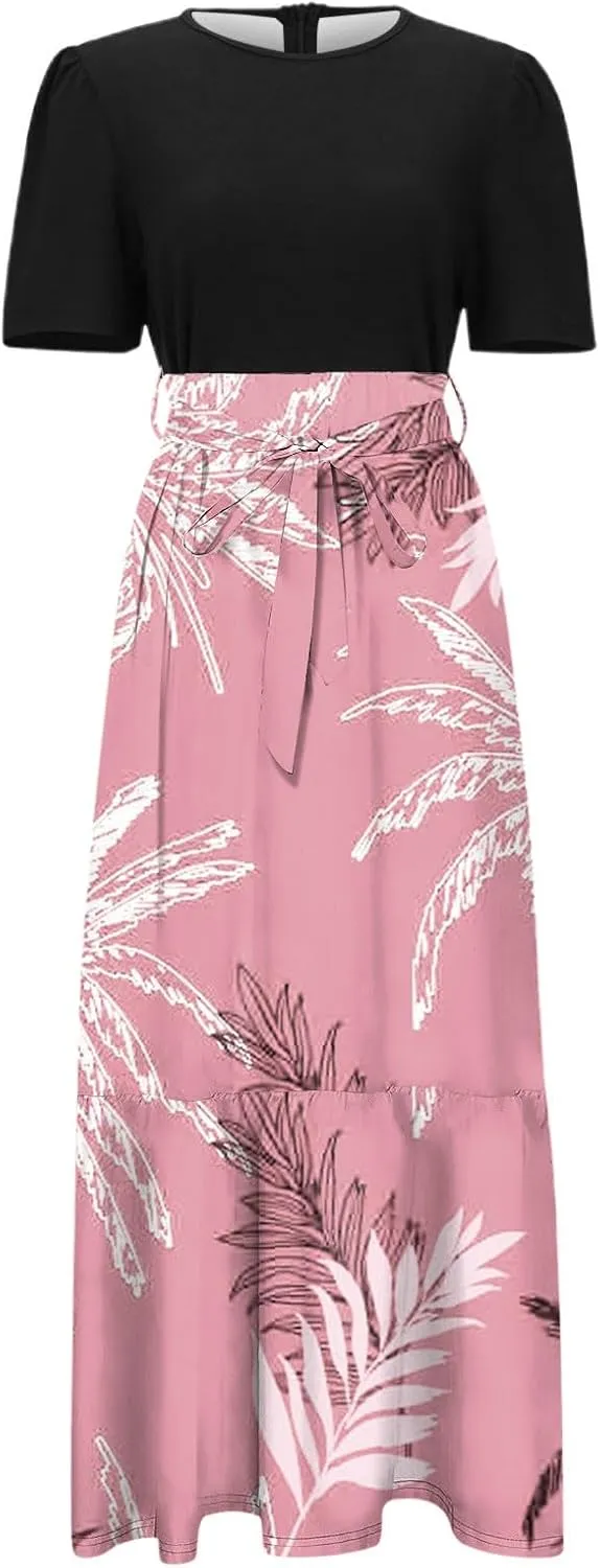 Work Dresses for Women 2025 Elegant Boho Tie Belted Patchwork Maxi Dress Empire Waist Short Sleeve Easter Dresses
