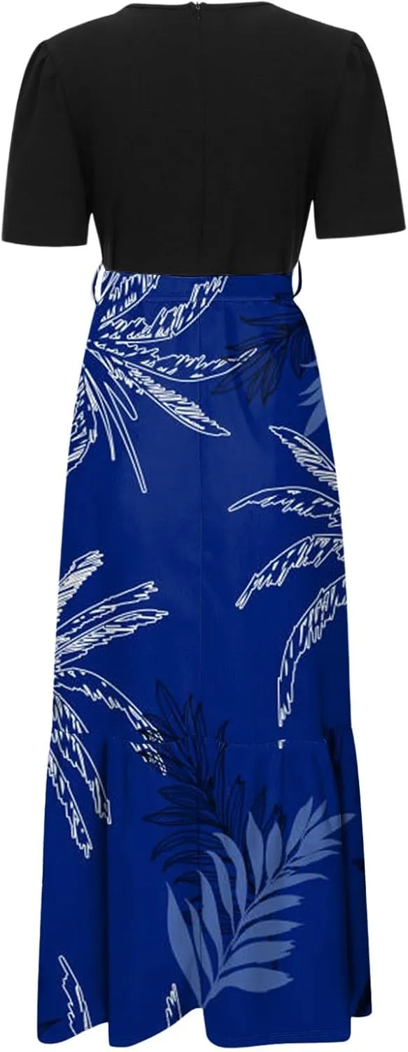 Work Dresses for Women 2025 Elegant Boho Tie Belted Patchwork Maxi Dress Empire Waist Short Sleeve Easter Dresses