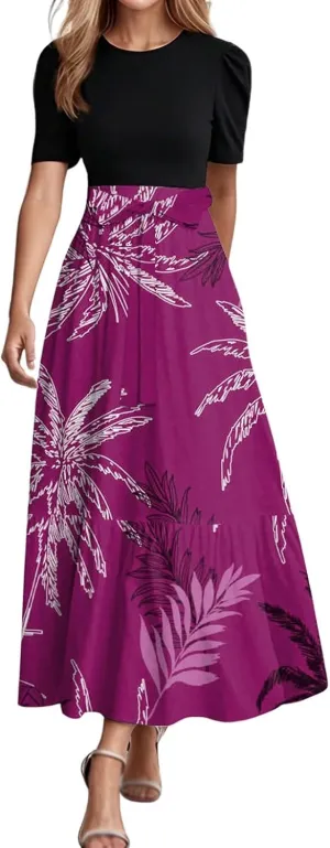 Work Dresses for Women 2025 Elegant Boho Tie Belted Patchwork Maxi Dress Empire Waist Short Sleeve Easter Dresses