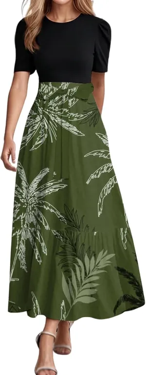 Work Dresses for Women 2025 Elegant Boho Tie Belted Patchwork Maxi Dress Empire Waist Short Sleeve Easter Dresses