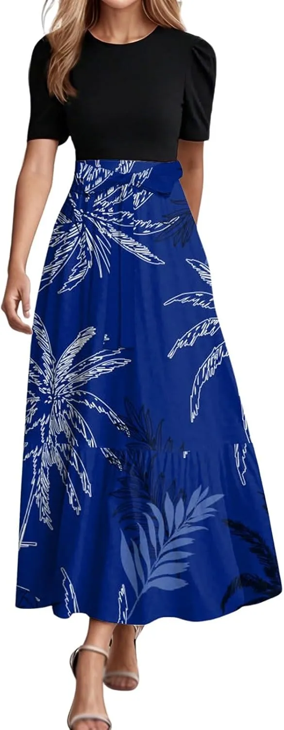 Work Dresses for Women 2025 Elegant Boho Tie Belted Patchwork Maxi Dress Empire Waist Short Sleeve Easter Dresses