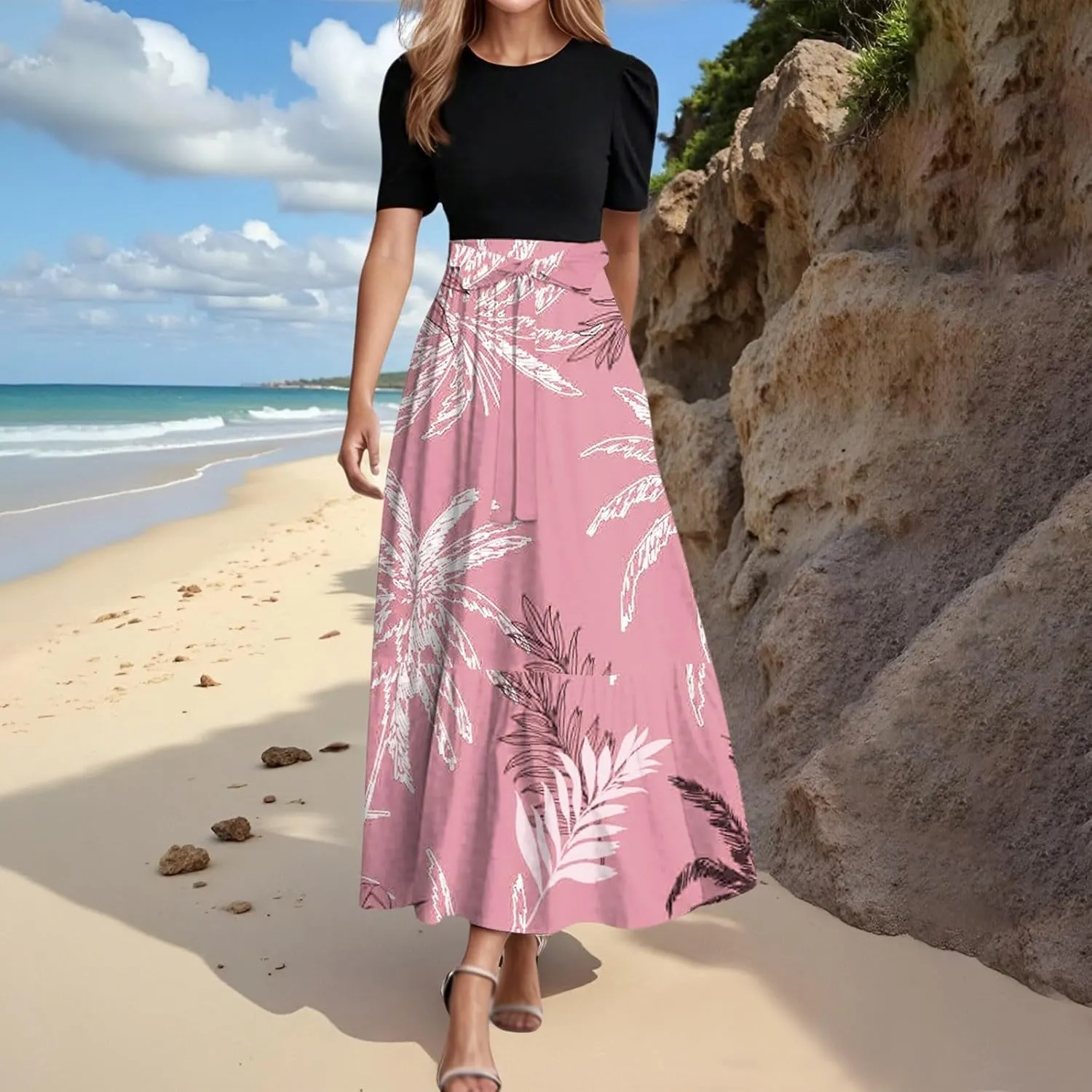 Work Dresses for Women 2025 Elegant Boho Tie Belted Patchwork Maxi Dress Empire Waist Short Sleeve Easter Dresses